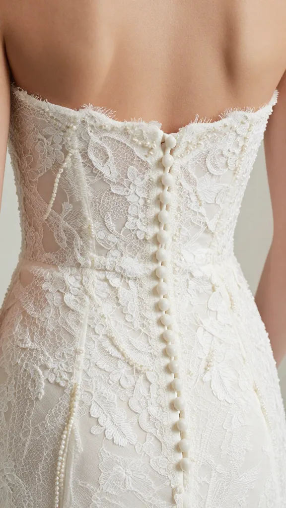 Close-up detail shot of a timeless wedding dress neckline and bodice: bateau or sweetheart line, covered buttons running the back, fine lace, and pearl-beaded embellishments.