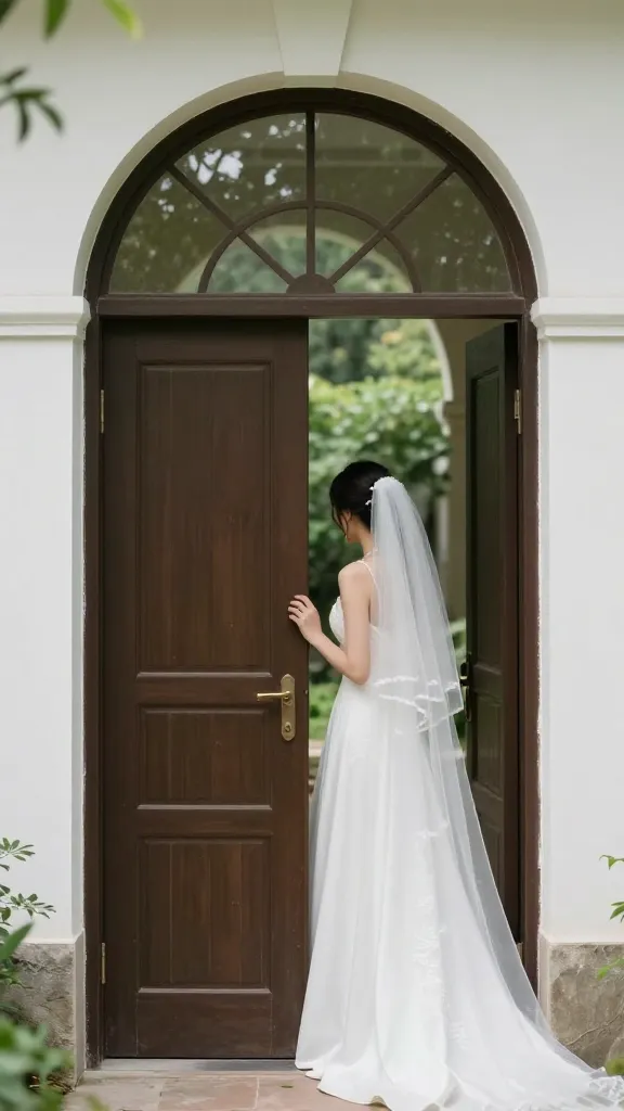 A bride in a timeless silhouette peeking out from behind a classic arched doorway, outdoor garden scene, soft natural light, and a sense of quiet romance.
