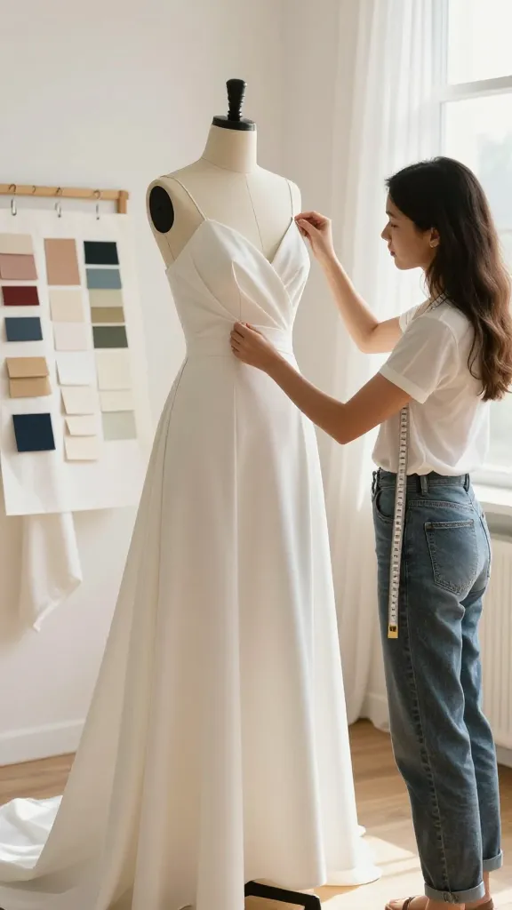 An elegant dress fitting scene in a sunlit studio: fabric swatches, a measuring tape, and a seamstress adjusting the gown on a dress form to convey thoughtful detailing and fit.