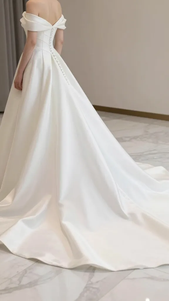 A side-profile view of a wedding dress with long, flowing train trailing across a marble floor, capturing the gown’s movement and classic elegance in a softly lit room.