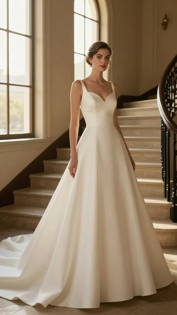 A timeless wedding dress fantasy shot: model wearing a simple, well-fitted ball gown with minimal accessories, posed near a grand staircase with warm, golden-hour light filtering through tall windows.