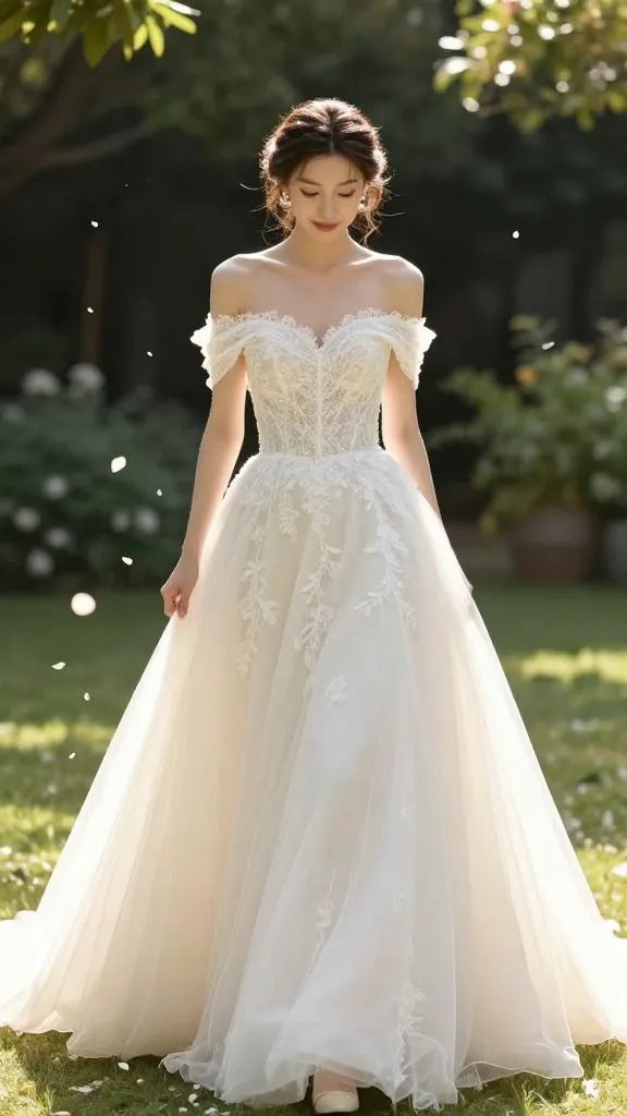 A bride in an off-the-shoulder, ivory A-line wedding gown with a soft lace bodice, delicate cascading tulle skirt, and a long train walking through a sun-drenched garden, petals floating around her, gentle breeze lifting the hem.