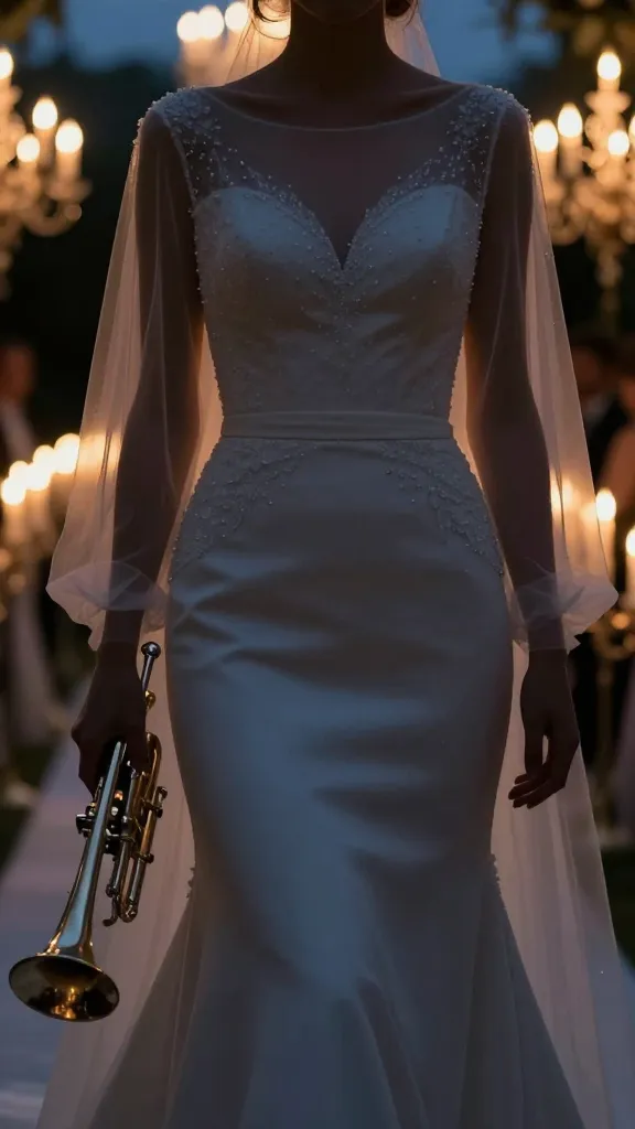 Close-up of a trumpet silhouette wedding dress with a defined waist, subtle beadwork along the neckline, and sheer illusion sleeves, captured as the bride stands by a candlelit chandeliered aisle at dusk.
