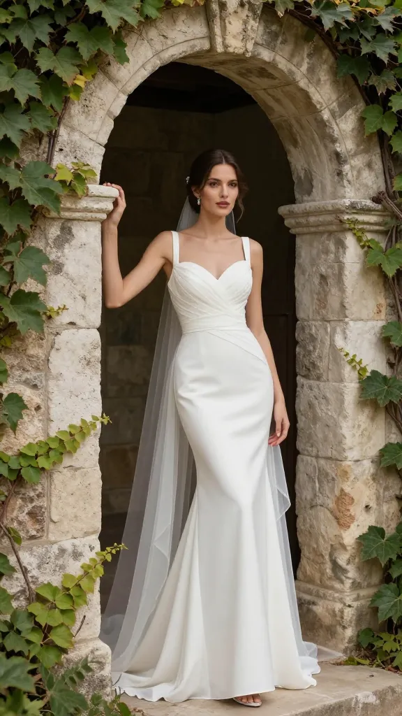 A petite bride wearing a sheath silhouette gown with a sweetheart neckline, lightweight chiffon drape, and minimal accessories, posing near an old-world stone arch covered in ivy.