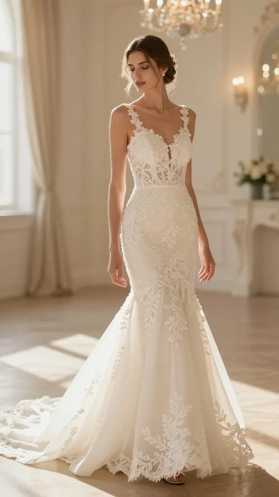 A dreamy fit-and-flare dress with lace appliqués and a cathedral-length train, the bride twirls to reveal movement in a sunlit ballroom with soft, warm bokeh lights in the background.