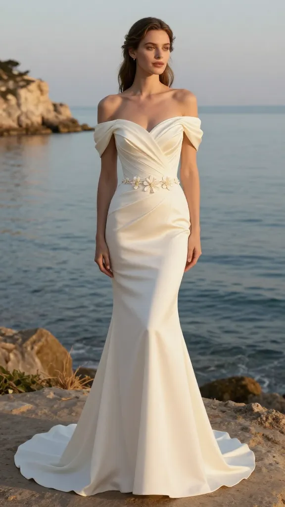 An ivory mermaid-style gown with a sculpted bodice, off-the-shoulder sleeves, and a delicate floral belt, standing by a calm seaside cliff at golden hour with waves softly in the distance.