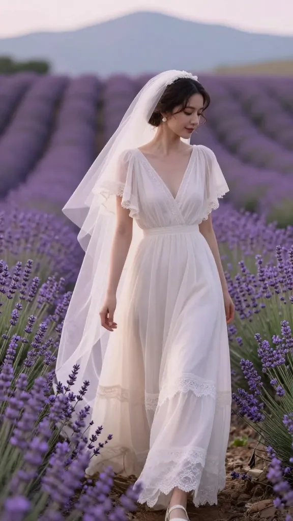 A bride wearing a light, airy A-line dress with flutter sleeves, lace detailing along the hem, and a flowing veil, walking through a lavender field with soft purple hues and distant mountains.