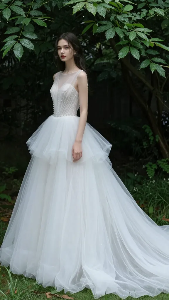 A romantic gown with a layered tulle skirt and a delicate illusion neckline, pearl embellishments, and a long, ethereal train, photographed in a rain-kissed garden with glistening droplets on leaves.