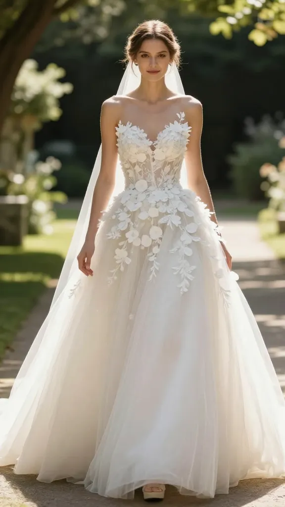 A dramatic ballgown with modern tailoring, layered ethereal tulle, and cascading floral appliqués, worn by a bride walking down a sunlit aisle in a softly lit garden setting.