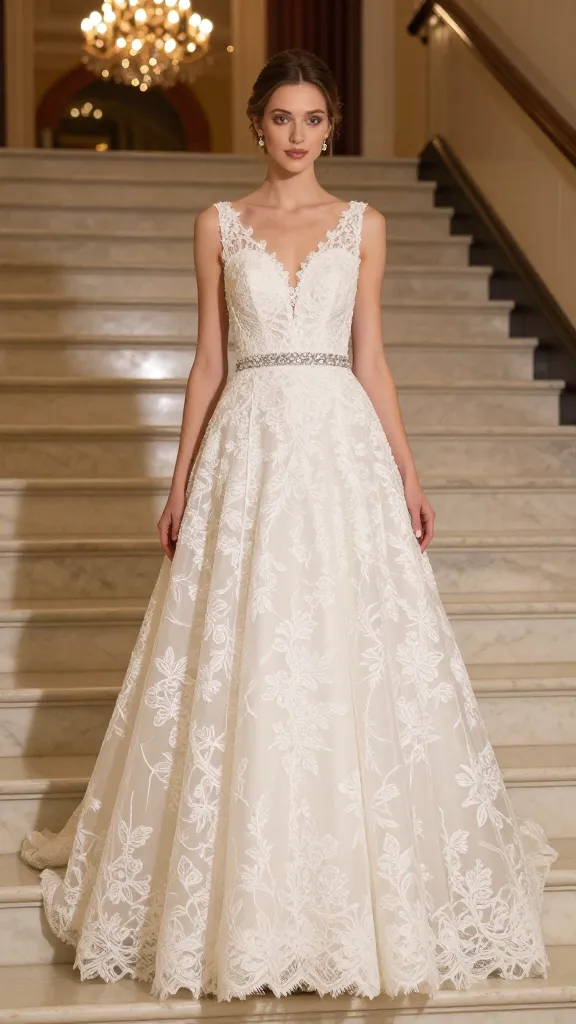 An airy A-line wedding dress with subtle volume, delicate Chantilly lace, and shimmering crystal belt, photographed mid-step on a marble hotel staircase with bokeh twinkle lights in the background.