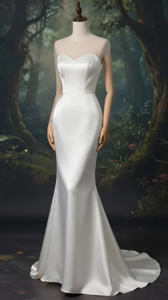 A sleek column gown in satin with a celestial illusion neckline, minimal embellishments, and a whisper of train, posed against a misty, fairy-tale forest backdrop.