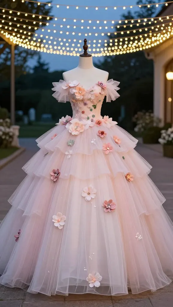 A whimsical fairytale ballgown with multi-layered tulle, 3D floral appliqués, and a voluminous overskirt, photographed outdoors under a canopy of fairy lights at dusk.