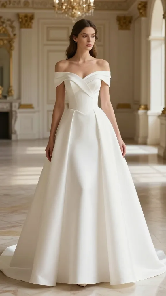 A modern princess-inspired dress featuring a fitted bodice, off-the-shoulder sleeves, and a dramatic detachable overskirt, posed in a grand, sunlit ballroom with gilded details.