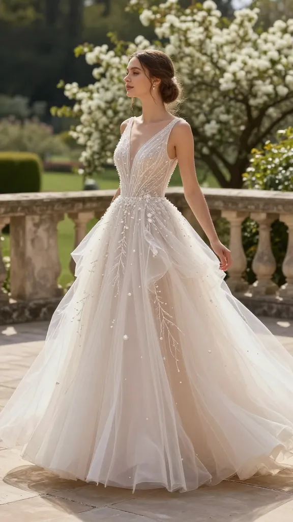 An ethereal gown with cascading layers of tulle, delicate embroidery, and pearlized accents, captured as the bride twirls on a stone terrace overlooking a blooming garden.