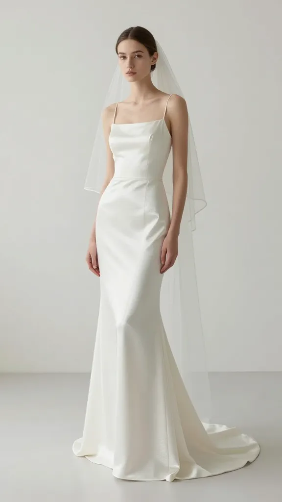A minimalist fairytale look: sleek column gown with subtle shimmer, refined train, and a barely-there veil, photographed in a stark, airy studio with soft natural light.