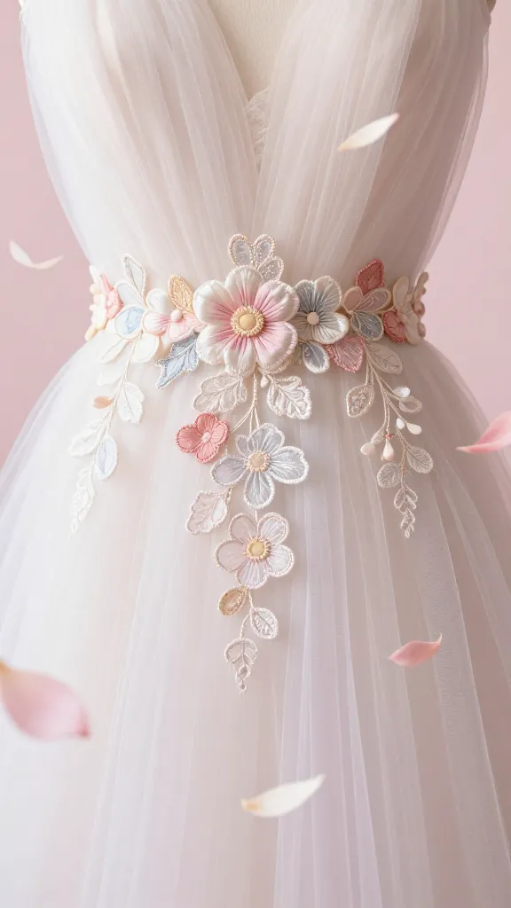 A dreamy, whimsical bridal portrait: close-up of ornate appliqués, lace flowers, and a radiant belt on a stretch of tulle, with floating fabric petals and a soft, pastel-colored background.