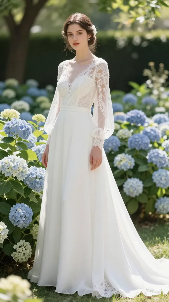 A sunlit garden wedding scene featuring a model in a flowing white wedding gown with delicate lace illusion sleeves, standing among blooming hydrangeas, with soft bokeh and natural greenery in the background.