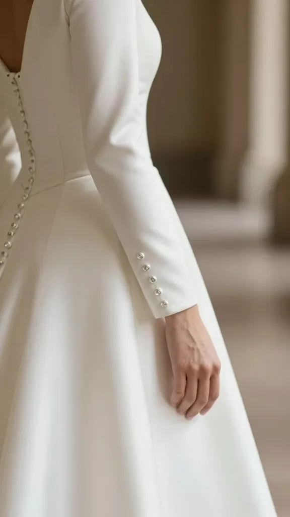 Close-up of a bride wearing a long classic sleeve gown, the fabric gliding smoothly over the arm, crystal buttons running along the wrist, and a cathedral aisle softly blurred in the distance.