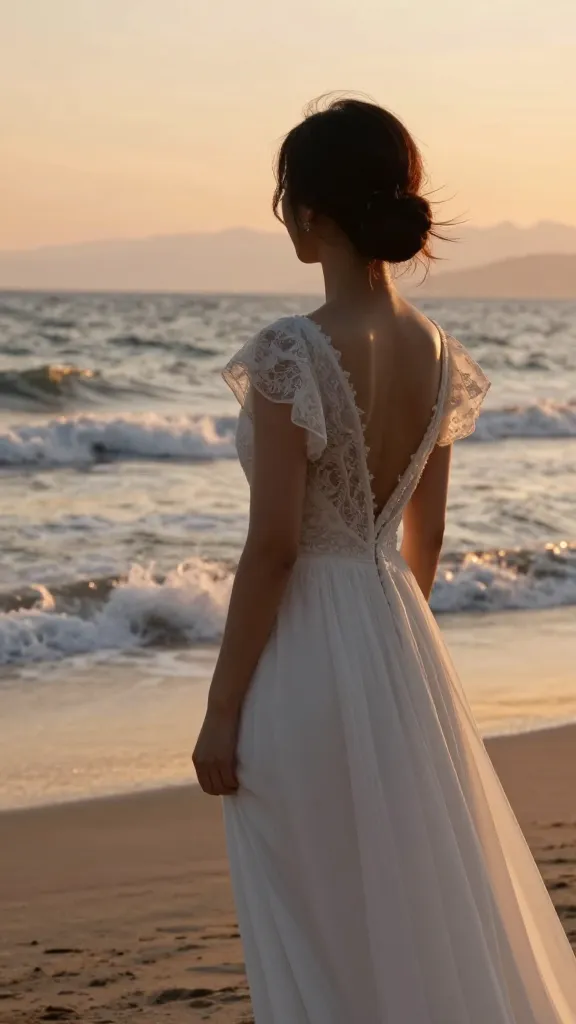 A beachside vow moment in a light, airy wedding dress with cap or short flutter sleeves, waves gently crashing behind, bride’s silhouette glowing in sunset hues.