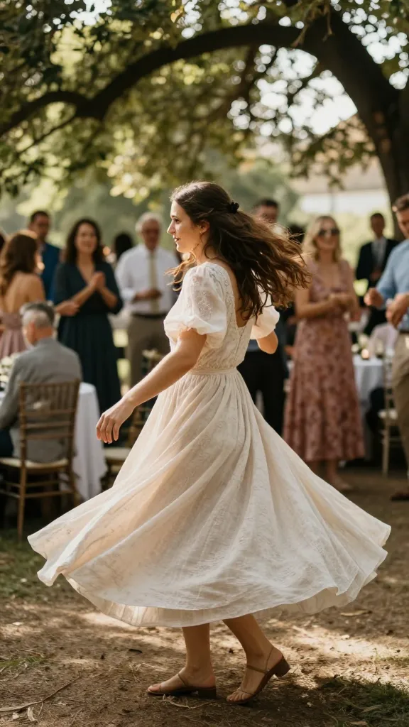 A candid outdoor reception scene: bride in a breezy sleeve dress mid-spin, skirt catching airflow, guests in soft focus, sun-dappled trees overhead.