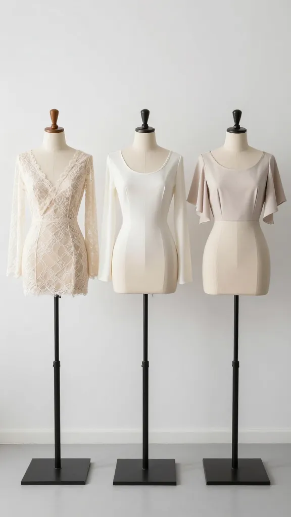 A minimalist studio setup showcasing three sleeve styles side-by-side on mannequins: illusion lace, long classic, and flutter sleeves, each with subtle shadowing and clean backdrop.