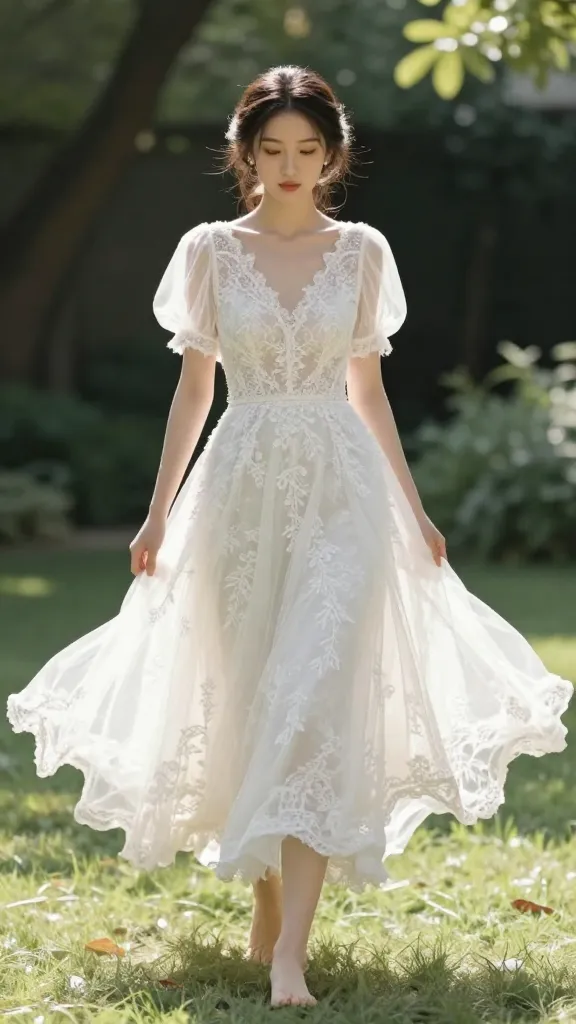 A bride in a lightweight lace midi wedding dress with sheer short puff sleeves, standing in a sunlit garden, soft breeze ruffling the skirt, lace detailing catching the light, barefoot on grass, dreamy outdoor ceremony vibe.