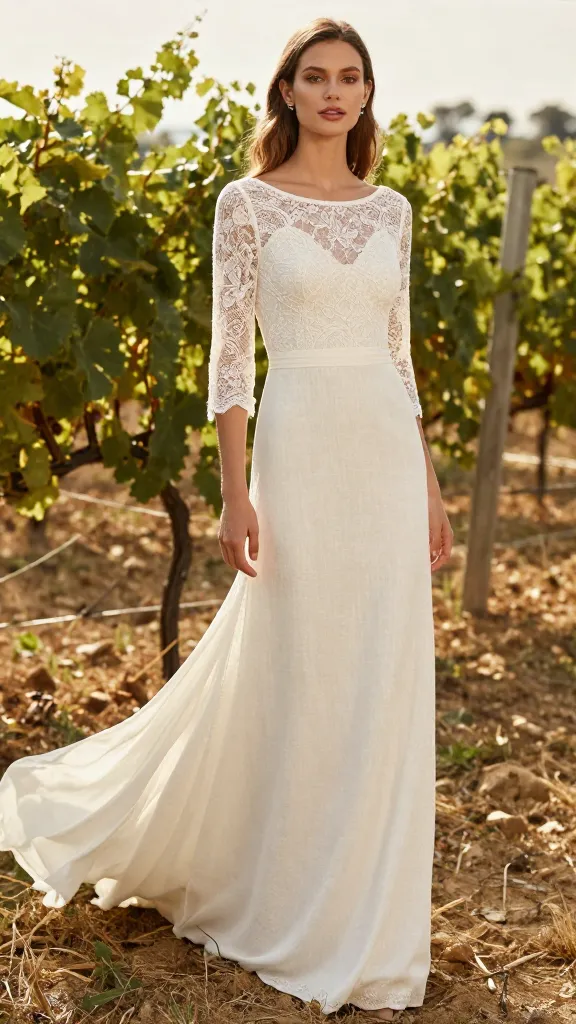 A wedding dress with a linen-inspired silhouette and 3/4 length lace sleeves, shown in a sun-drenched vineyard setting, soft wind lifting the hem, natural makeup, earthy tones.