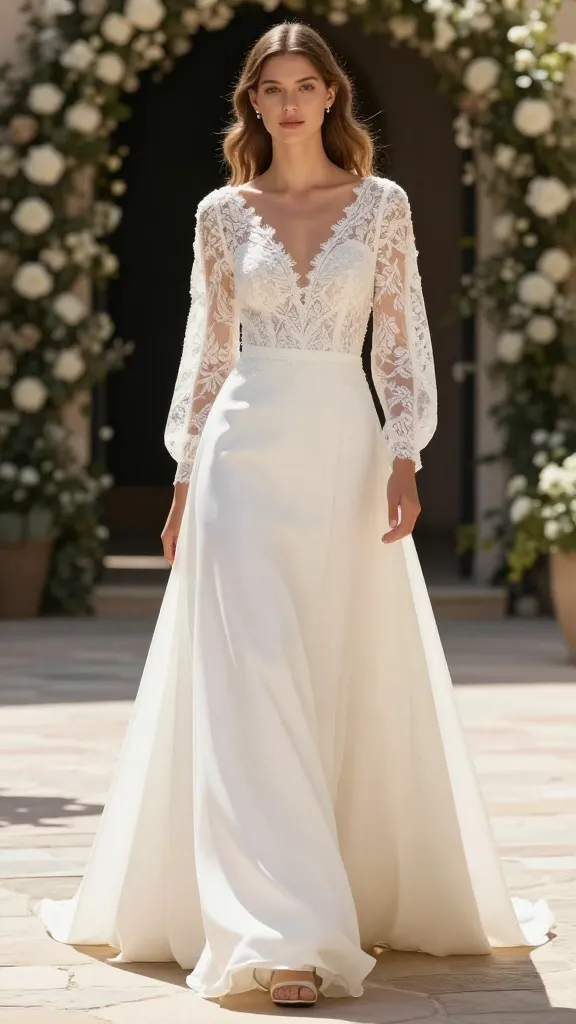 An elegant sleeved wedding dress featuring illusion lace sleeves and a garden-friendly A-line skirt, model walking down a sunlit stone path, delicate floral backdrop, subtle movement in the fabric.