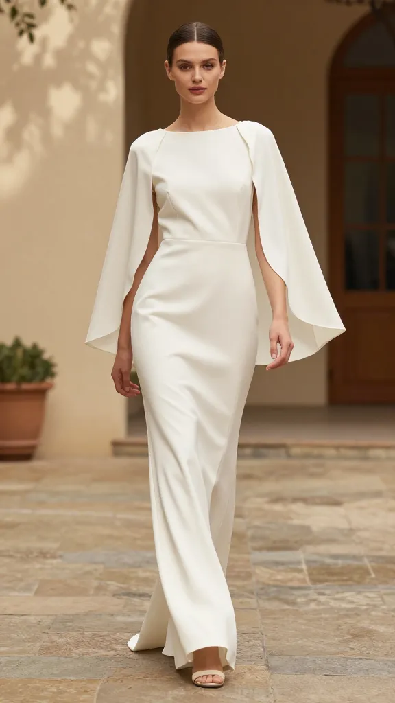 A model wearing an organza cape-sleeve gown in a warm outdoor venue, cape-like sleeves flowing as she walks, soft rain-tree shadows, modern yet timeless cut, minimal accessories.