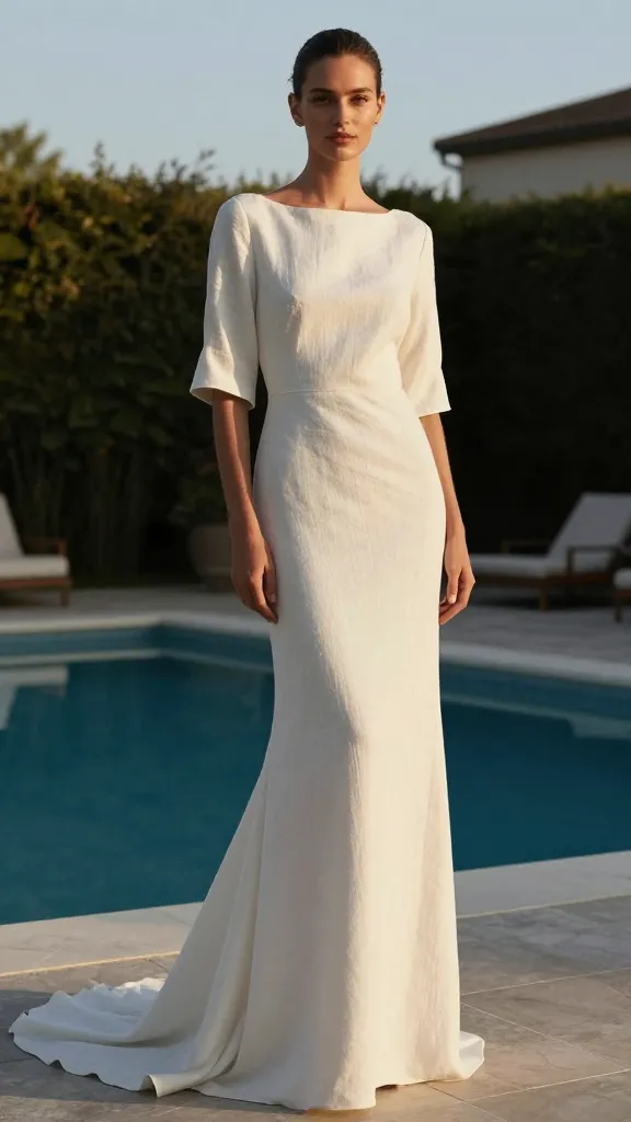 A linen-blend wedding dress with bracelet-length sleeves, model standing by a poolside terrace at golden hour, cool-toned fabrics contrasting with warm light, relaxed confidence, sleek lines.