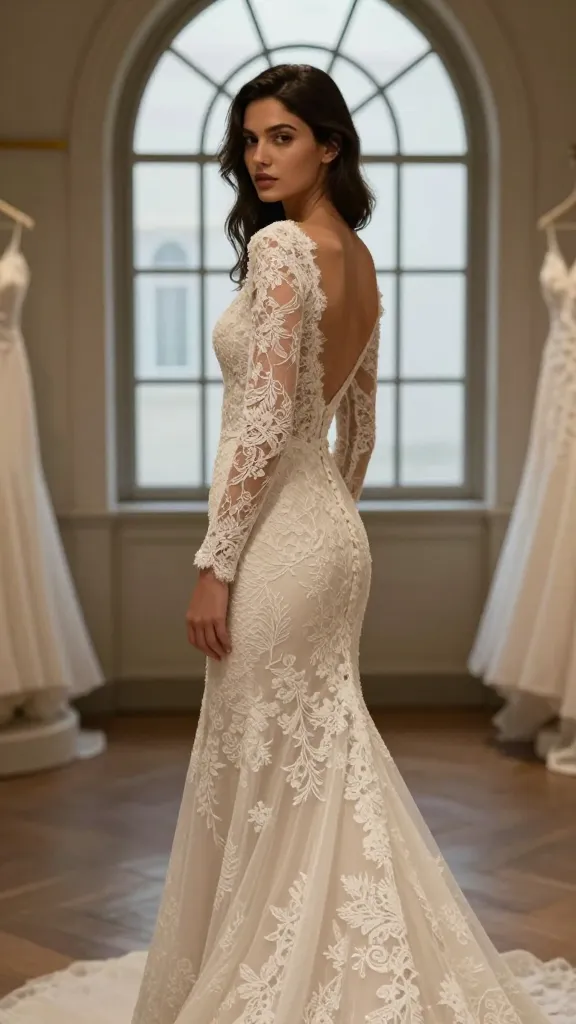 A bridal boutique room with a model wearing a long sleeve lace wedding dress, dim romantic lighting, soft focus, intricate lace sleeves with sheer panels, cathedral windows in the background, candid pose as she glances over her shoulder.