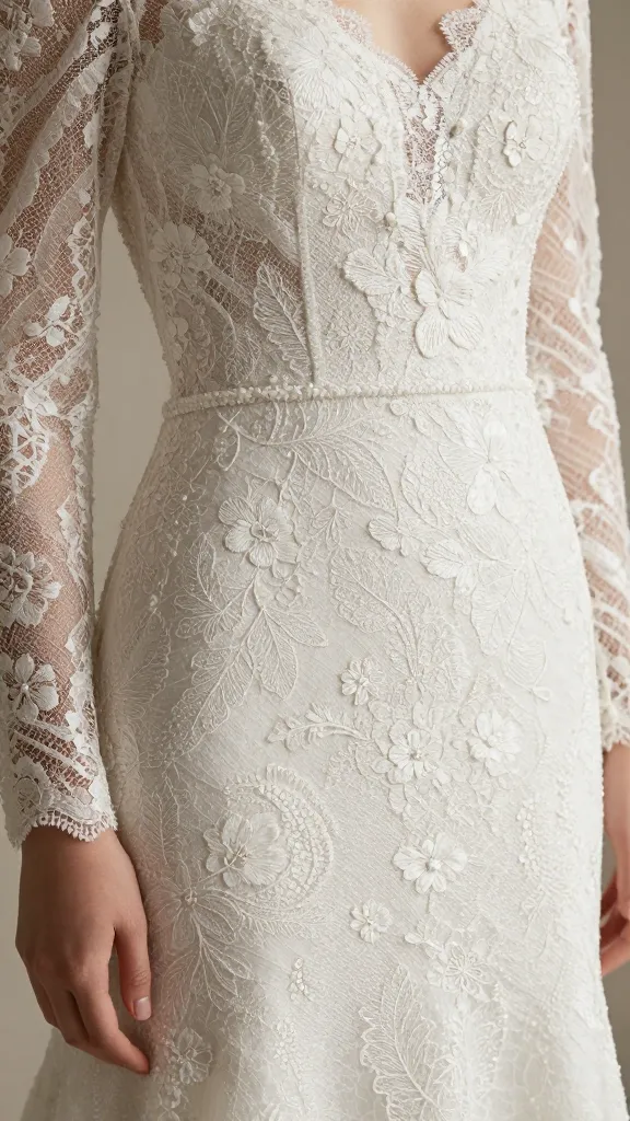 Close-up portrait of lace texture on a long sleeve wedding dress, macro shot of embroidery and appliqué detailing, subtle sparkle from light catching the patterns, neutral background, timeless yet modern vibe.