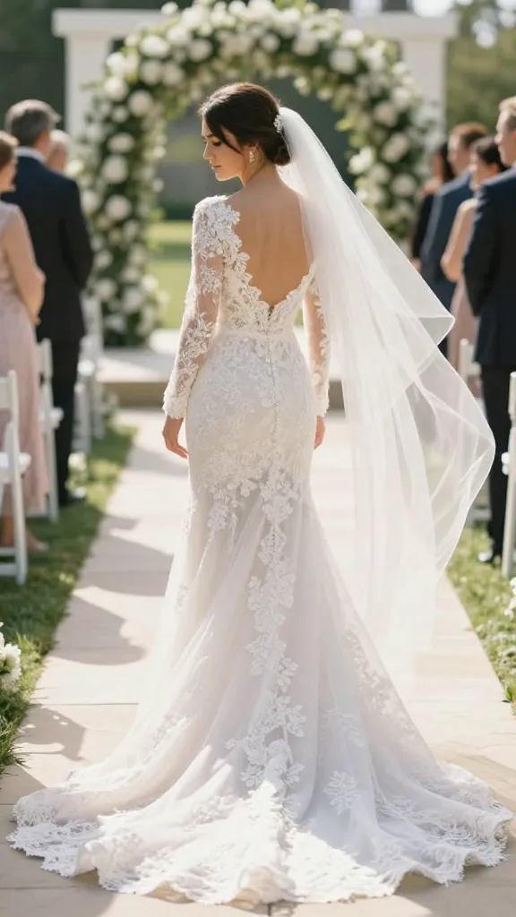 A wedding aisle shot with a bride in a long sleeve lace gown, dramatic train trailing, natural outdoor light, gentle breeze lifting the train, venue arches blurred in the background, soft and ethereal atmosphere.