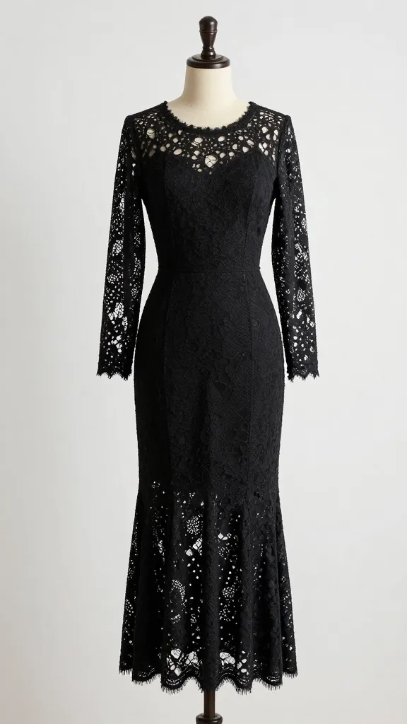 The dress on a full-length mannequin in a minimalist studio, focusing on the silhouette and sleeve length, contrast lighting to highlight texture, absence of accessories to keep the emphasis on lace.