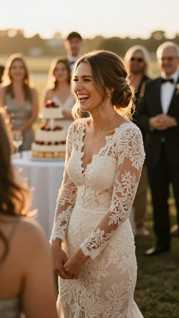 A candid reception moment: bride in a long sleeve lace dress laughing with guests, warm golden-hour lighting, lace motifs visible on sleeves and bodice, cake table in the distance and soft bokeh.