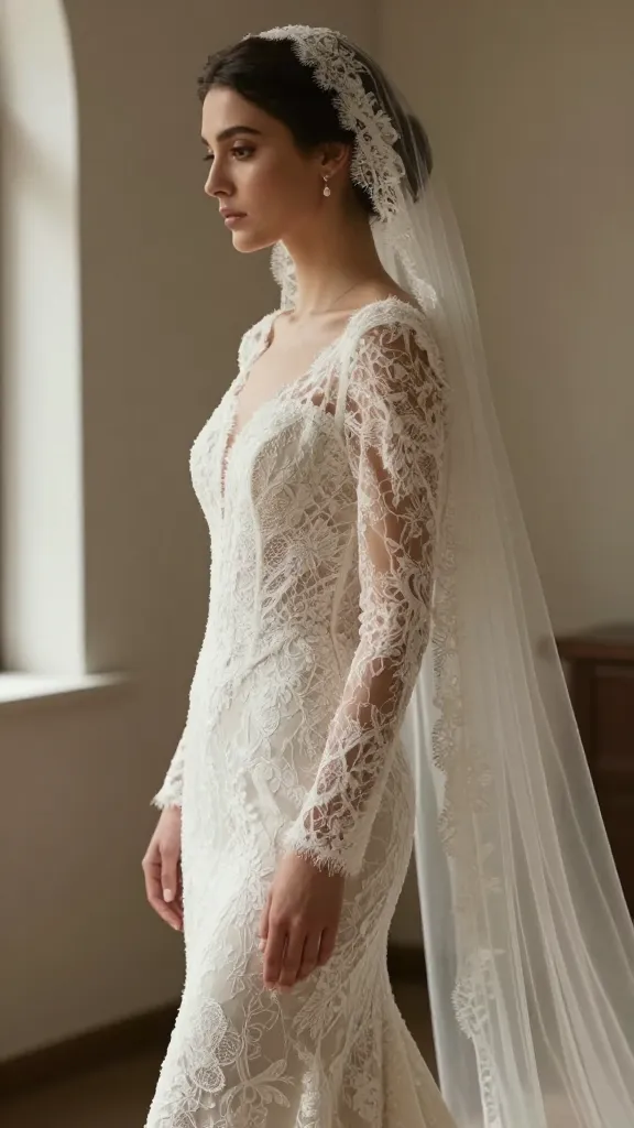 Profile shot of a bride wearing a long sleeve lace dress with sheer sleeves, elongating silhouette, delicate fingertip veil, subtle jewelry, window light casting gentle shadows to showcase texture.