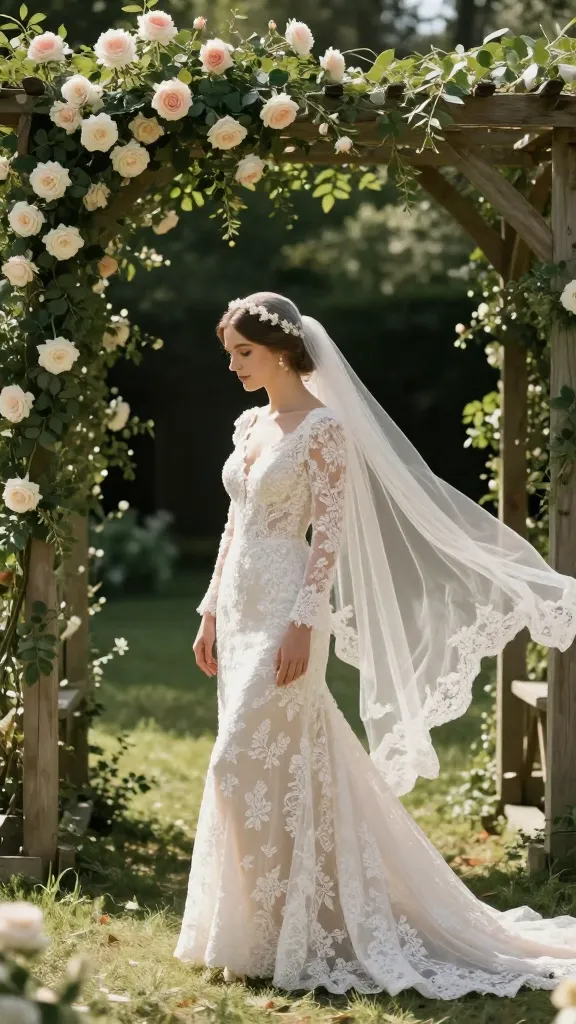 Romantic outdoor ceremony scene: bride in long sleeve lace gown standing under an arbor, roses and greenery, lace details catching soft sunlight, veil fluttering slightly, serene and timeless mood.