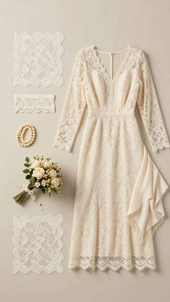 Editorial editorial spread setup: elegant flat lay of lace swatches, a long sleeve lace dress with a fitted bodice, a vintage bouquet, pearls, and a lightweight shawl, neutral backdrop and soft shadows for a couture feel.