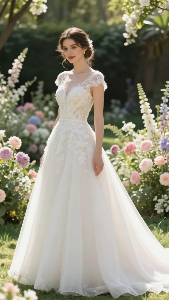 A bride in a modern wedding gown with delicate cap sleeves, standing in a sunlit garden filled with pastel blooms, soft natural light, and a gentle breeze rippling the fabric