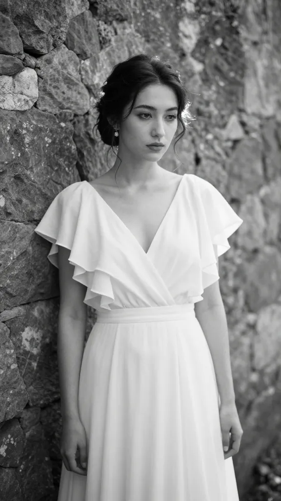 A dreamy black-and-white portrait of a bride wearing a flutter sleeve dress, standing against an old stone wall, with light catching the flutter sleeves to create a whimsical, timeless feel