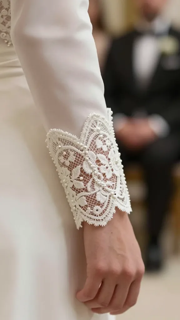Close-up shot of a bridal sleeve with a bishop-inspired cuff, vintage lace details, and subtle beading, set against a blurred ceremony backdrop to emphasize texture