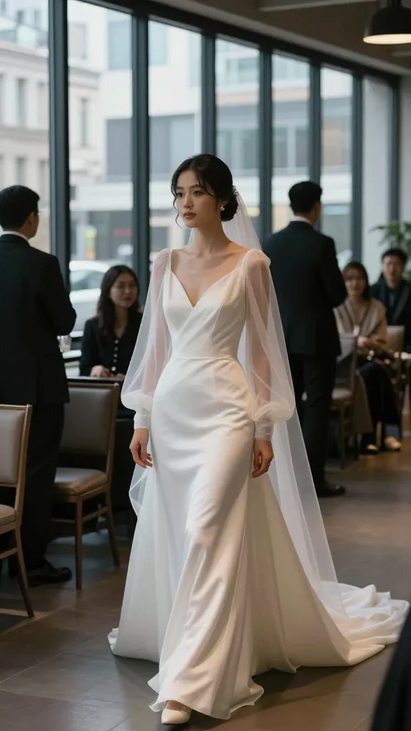 An elegant bride in an illusion-sleeve gown, midway down the aisle in a chic urban venue, floor-to-ceiling windows, soft couple silhouetted in the background