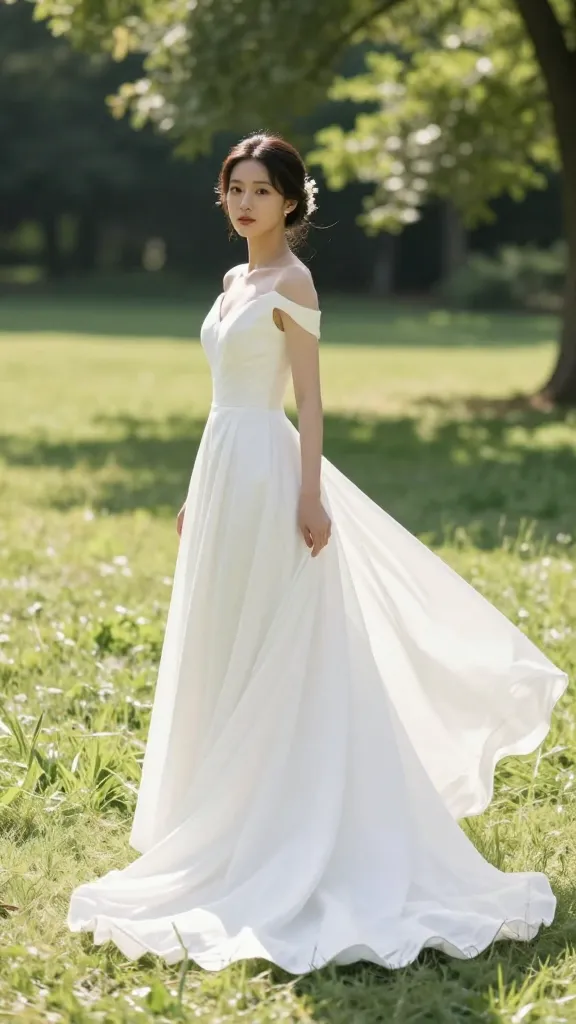 A full-length shot of a bride wearing a gown with elliptical sleeves, standing in a sun-dappled meadow, long train trailing behind, gentle breeze lifting the hem
