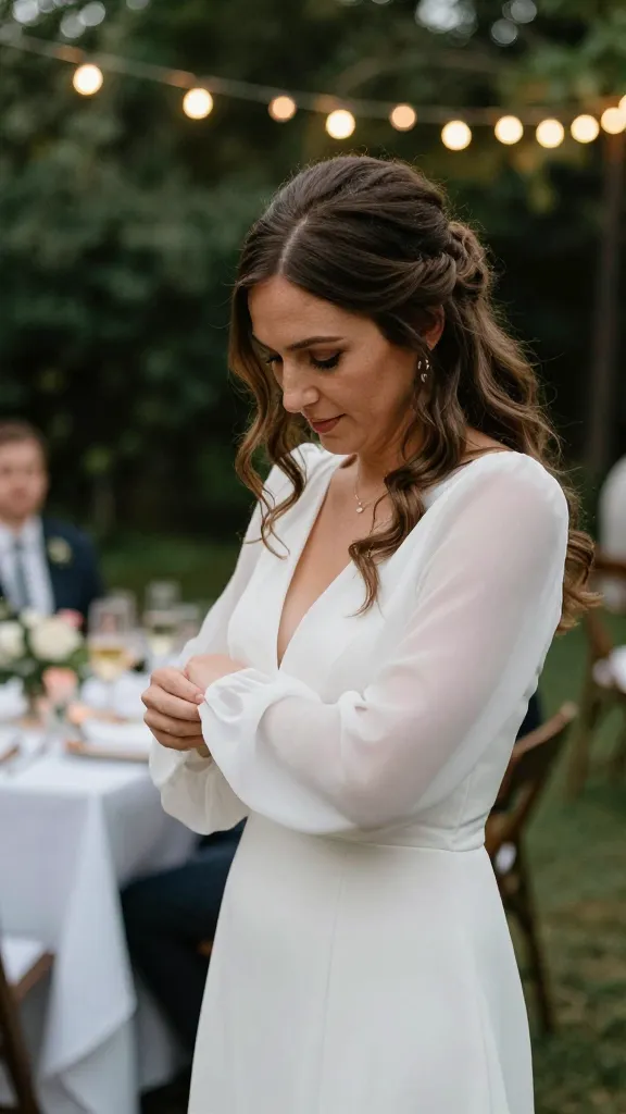 A candid moment of a bride adjusting a soft illusion sleeve, outdoor reception setting with string lights, greenery, and a hint of champagne toasts