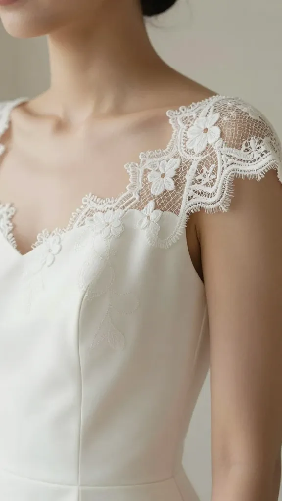 A portrait-style image of a bride in a cap-sleeve dress with a delicate frame, close-up of neckline and sleeve edge, lace appliqués catching the light
