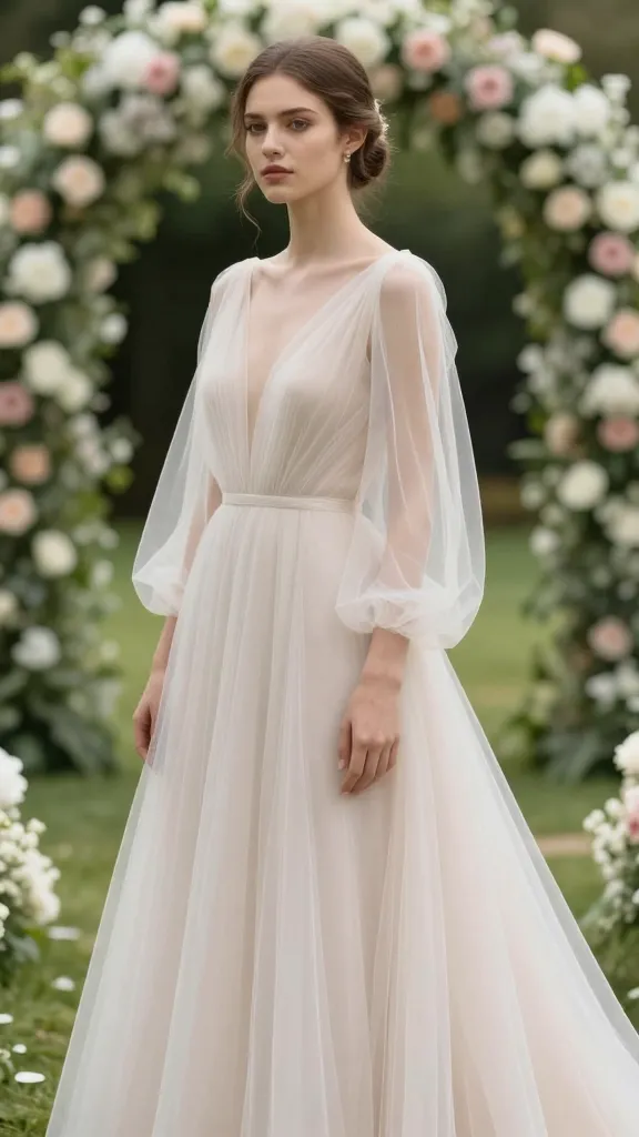 A fashion-forward look at a bride in a garden ceremony wearing a gown with a sheer illusion sleeve, subtle skin tone through the fabric, floral arch in the background, soft focus on the dress details
