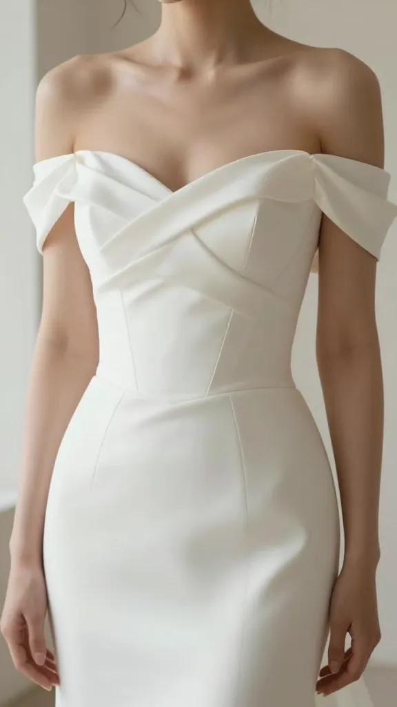 A close-up shot of a fitted off-shoulder wedding dress on a bride, highlighting a sculpted bodice with boning, off-shoulder neckline, and exposed collarbones, in soft natural light against a neutral backdrop.