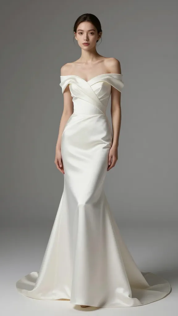A full-body studio image of a bride wearing a satin fitted off-shoulder gown with a dramatic structured bodice, subtle sheen, and a gentle A-line skirt, posed to emphasize the silhouette and movement.