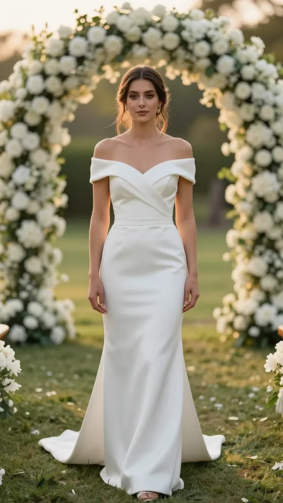 An outdoor ceremony setting featuring a bride in a mikado fitted off-shoulder dress, sharp clean lines, and a slight train, with floral arch in the background and golden hour glow.
