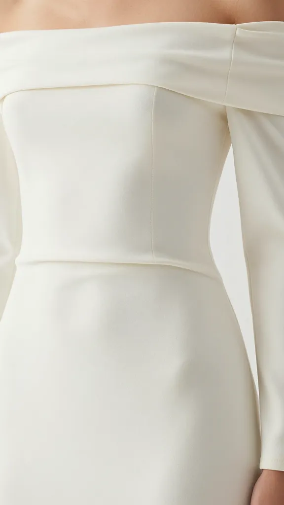 A fabric detail shot focusing on crepe fabric with a fitted off-shoulder neckline, showcasing drape, fluid movement, and a seam line that preserves structure without pinching.
